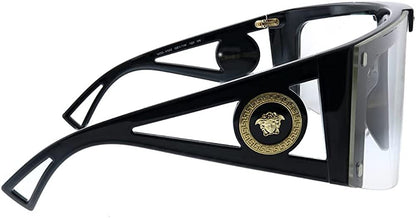 Versace VE 4393 GB1/1W Black Plastic Shield Sunglasses Purple Or Grey Clip On Lens