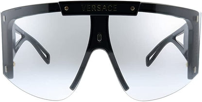 Versace VE 4393 GB1/1W Black Plastic Shield Sunglasses Purple Or Grey Clip On Lens